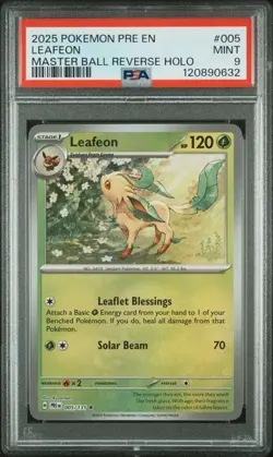 2025 POKEMON PRISMATIC EVOLUTIONS #005 LEAFEON MASTER BALL REVERSE HOLO PSA 9 - Image 1