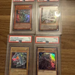 4 PSA Graded Card Lot Yugioh Blue Eyes Dark Magician Red Eyes 🤩 Great Shine - Image 1