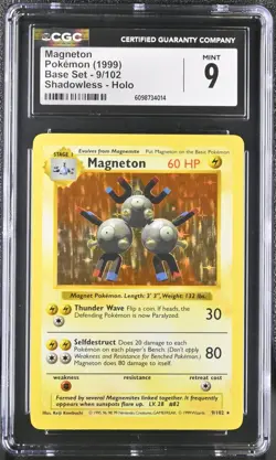1999 Pokemon Base Set Shadowless Holo Magneton #9 CGC 9 MINT Rare Vintage TCG - Image 1