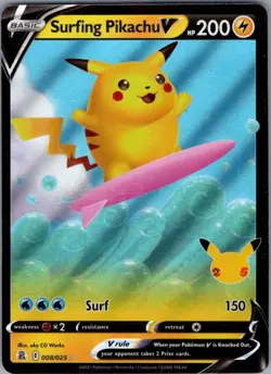 Surfing Pikachu V 008/025 Celebrations - Pokemon Card - NM - Image 1