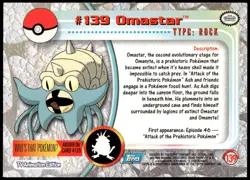 Pokemon 2000 Topps TV Animation Edition Series 3 #139 Omastar Blue Logo - Image 2