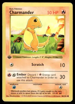 Pokemon Cards Charmander 46/102 1st Edition Base Set Shadowless Common MP *1 - Image 1