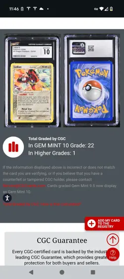 (POP 22) CGC 10 GEM MINT Pokemon Ledian 18/101 EX Dragon Frontiers Card Delta - Image 4