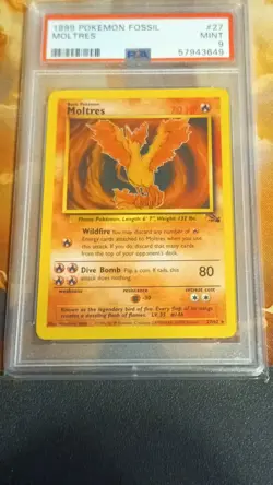 Pokemon PSA 9 Moltres 27/62 Fossil Unlimited Regular Rare 1999 - Image 1