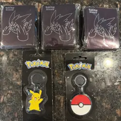 Pokemon Bundle 3 Packs Of Card Sleeves & 2 Keychains Unopened Pikachu Pokeballl - Image 1