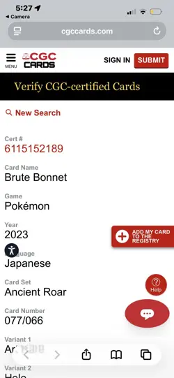 CGC Gem Mint 10 Brute Bonnet Art Rare 077/066 Pokemon Japanese Ancient Roar sv4K - Image 4