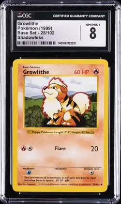 1999 POKEMON BASE SET SHADOWLESS #28/102 GROWLITHE CGC 8 - Image 1