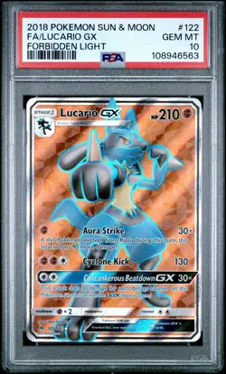 2018 POKEMON SUN & MOON FORBIDDEN LIGHT #122 FULL ART/LUCARIO GX PSA 10 - Image 1