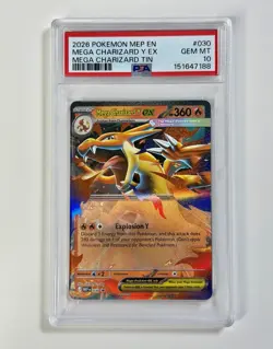 2026 POKEMON MEP MEGA CHARIZARD TIN PROMO #030 MEGA CHARIZARD Y EX PSA 10 - Image 1