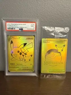 Pikachu V Gold PSA 9 and Pokeball SWSH145/SWSH146 Pokemon Celebrations Sealed - Image 1