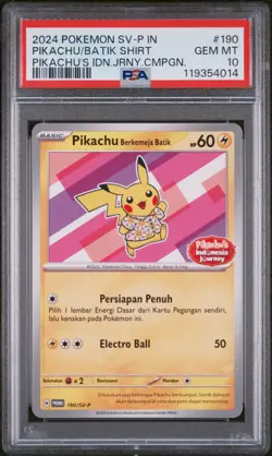 PSA 10 - Pikachu in Batik Shirt 190/SV-P Promo Pokemon Indonesian Exclusive Gem - Image 1