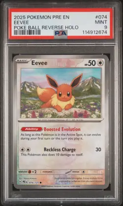 2025 POKEMON PRE EN-PRISMATIC EVOLUTIONS POKE BALL REVERSE HOLO #074 EEVEE PSA 9 - Image 1