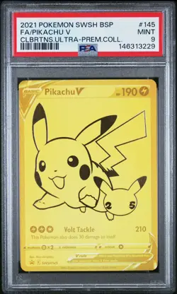 2021 Pokemon Celebrations Pikachu V Gold Full Art SWSH145 PSA 9 UPC Promo - Image 1