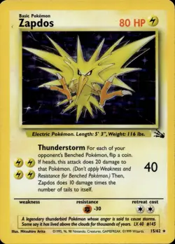 ZAPDOS 15/62 HOLO RARE FOSSIL POKEMON UNLIMITED HOLO MP/LP- - Image 1