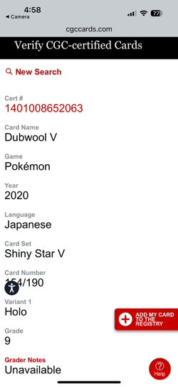Dubwool V Pokemon 2020 Japanese CGC 9 Mint Shiny Star V 154/190 Holo Card Japan - Image 4