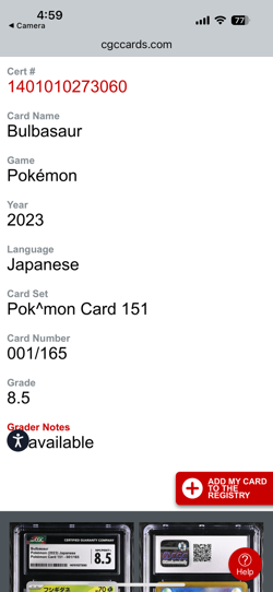 Bulbasaur Japanese Pokemon Card 151 001/165 2023 CGC 8.5 NM/Mint+ Graded Rare - Image 4