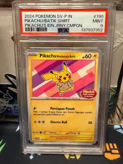 PIKACHU/BATIK SHIRT PIKACHU'S IDN.JRNY.CMPGN POKEMON IND SV-P PRM 2024 190 PSA 9 - Image 1