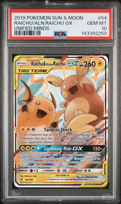 2019 POKEMON SUN & MOON UNIFIED MINDS #54 RAICHU & ALOLAN RAICHU GX PSA 10 - Image 1