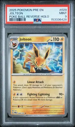 2025 POKEMON PRE EN-PRISMATIC EVOLUTIONS POKE BALL REVERSE HOLO JOLTEON PSA 9 - Image 1