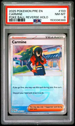 2025 POKEMON PRE EN-PRISMATIC EVOLUTIONS POKE BALL REVERSE HOLO CARMINE PSA 8 - Image 1