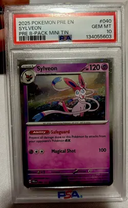 Pokemon TCG 2025 Sylveon Cosmos Holo 040/131 PRE 8-Pack Mini Tin PSA 10 SWIRL 💫 - Image 1