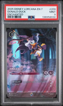 2025 DISNEY LORCANA EN 7-ENCHANTED #209 DONALD DUCK FLUSTERED SORCERER PSA 9 - Image 1