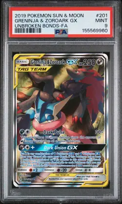 2019 POKEMON SUN & MOON UNBROKEN BONDS #201 FULL ART/GRENINJA & ZOROARK GX PSA 9 - Image 1