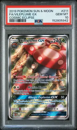 2019 POKEMON SUN & MOON COSMIC ECLIPSE #211 FULL ART/VILEPLUME GX PSA 10 - Image 1
