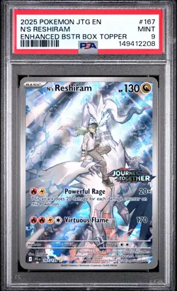 2025 POKEMON JTG ENHANCED BOOSTER BOX TOPPER #167 N'S RESHIRAM PSA 9 - Image 1