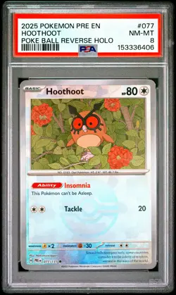 2025 POKEMON PRE EN-PRISMATIC EVOLUTIONS POKE BALL REVERSE HOLO HOOTHOOT PSA 8 - Image 1