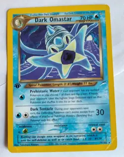 1st Edition Pokemon DAMAGED Dark Omastar Rare 19/105 Neo Destiny Vintage Card - Image 1