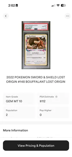 2022 POKEMON SWORD & SHIELD LOST ORIGIN #148 BOUFFALANT PSA 10 Pop 2 - Image 3