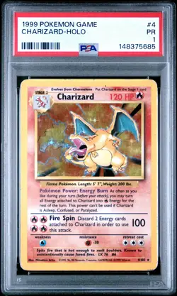 1999 POKEMON BASE SET UNLIMITED #4 CHARIZARD-HOLO PSA 1 - Image 1