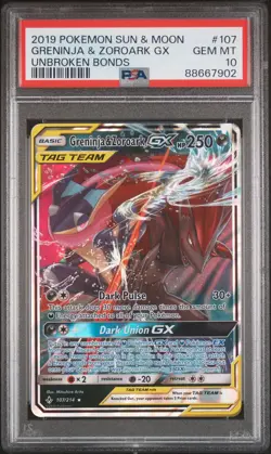2019 POKEMON SUN & MOON UNBROKEN BONDS #107 GRENINJA & ZOROARK GX PSA 10 - Image 1
