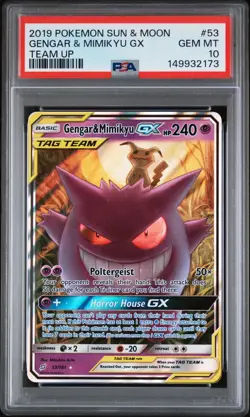 2019 POKEMON SUN & MOON TEAM UP #53 GENGAR & MIMIKYU GX PSA 10 - Image 1