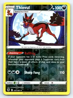 Pokemon Thievul SWSH10: Astral Radiance SWSH10 Reverse Holofoil 104/189 LP TCG - Image 1