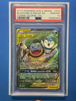 2019 Pokemon Sun & Moon Cosmic Eclipse Blastoise & Piplup GX Full Art PSA 10 - Image 1