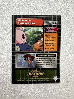 2000 Upper Deck Digimon Holo Tai and Koromon 4 of 34 Trading Card - Image 3