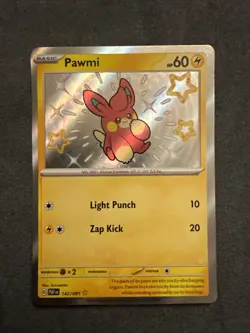 Pokemon TCG Paldean Fates Pawmi 142/091 Shiny Holo Rare Card NM Condition - Image 1