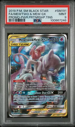 PSA 9 MINT 2019 POKEMON SM BLACK STAR PROMO SM191 FULL ART/MEWTWO & MEW GX - Image 1