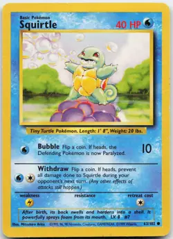 Squirtle 63/102 Common Base Set Unlimited Pokemon Moderately Played - Image 1