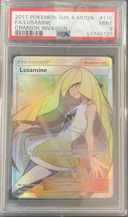 2017 POKEMON SUN & MOON CRIMSON INVASION #110 FULL ART/LUSAMINE PSA 9 - Image 1