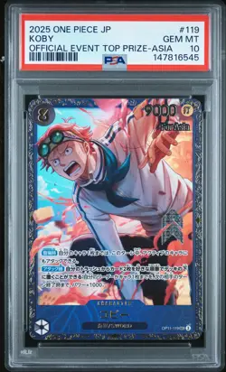 2025 ONE PIECE JAPANESE PROMOS OFFICIAL EVENT TOP PRIZE-ASIA #119 KOBY PSA 10 - Image 1