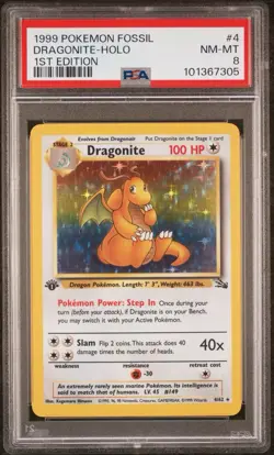 1999 POKEMON FOSSIL 1ST EDITION DRAGONITE-HOLO #4 PSA 8 - Image 1