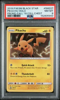 2019 POKEMON SM BLACK STAR PROMO FALL 2019 COLLECTOR CHEST PIKACHU-HOLO PSA 8 - Image 1