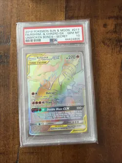 2019 POKEMON SUN & MOON UNBROKEN BONDS FULL ART/RESHIRAM & CHARIZARD GX PSA 10 - Image 1