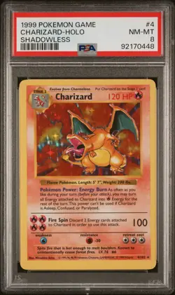 1999 Pokemon WOTC Base Set Shadowless Charizard Holo PSA 8 - Image 1