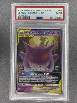 2019 Pokemon Sun & Moon Team Up #53 Gengar & Mimikyu GX PSA 9 MINT - Image 1