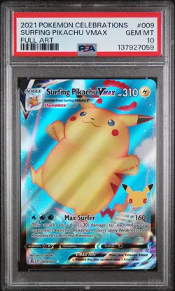 2021 POKEMON CELEBRATIONS #009 FULL ART/SURFING PIKACHU VMAX PSA 10 - Image 1