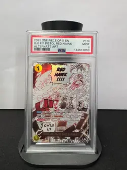 2025 ONE PIECE OP11 ALTERNATE ART #114 GUM-GUM FIRE-FIST PISTOL RED HAWK PSA 9 - Image 1